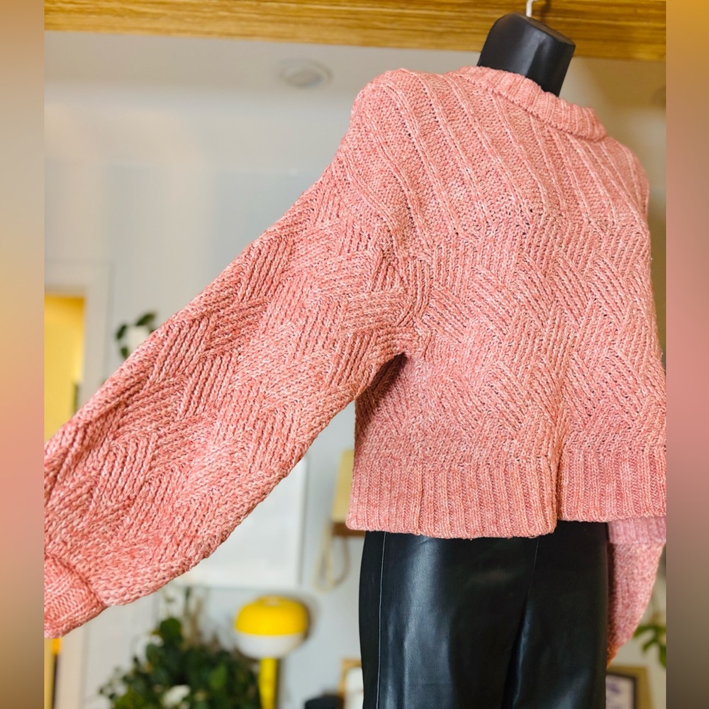 ONLY Pink Mélange Herringbone Knit Balloon Sleeve Crop Sweater, Size M